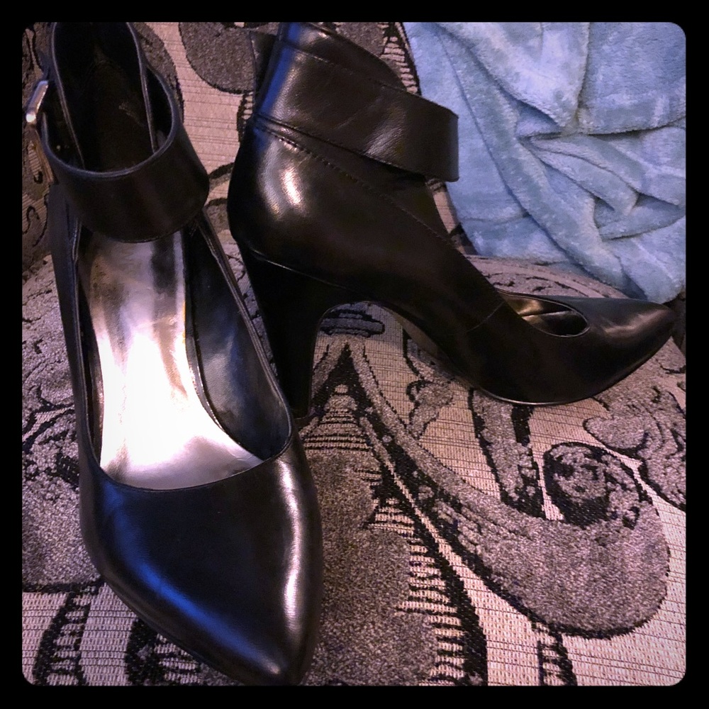 Black Leather Ankle-Strap Heels w/ Buckle & Zipper